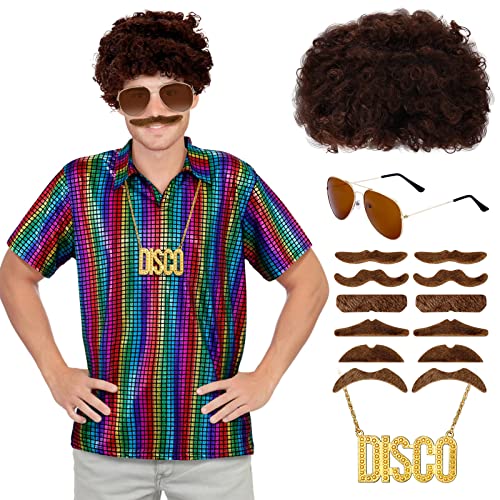 Photo 1 of 70s Disco Outfits for Men Retro 70s Hippie Costume Set Includes Shirt Wig Sunglass Disco Necklace Mustaches for Disco Party Sequin Style X-Large