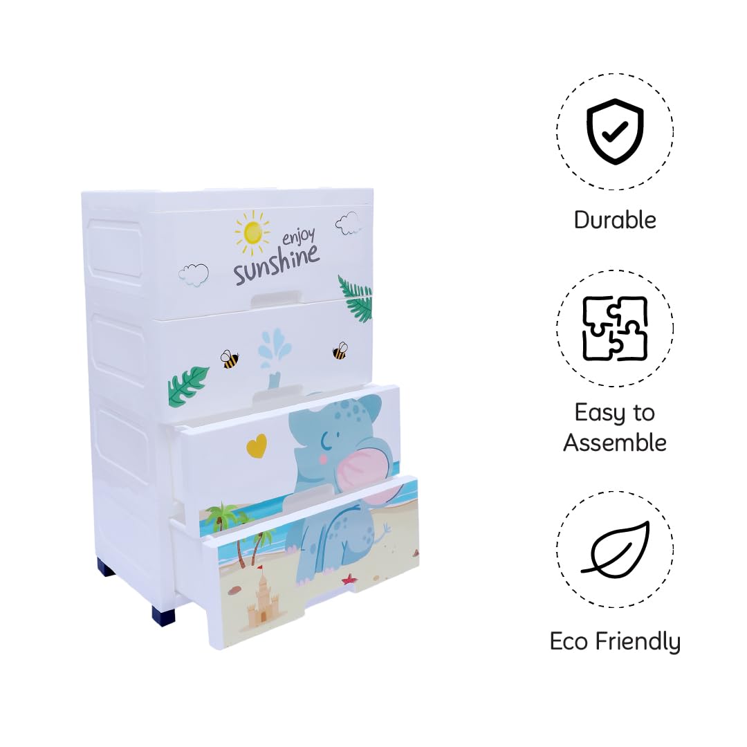 The Tickle Toe Plastic Chest of 4 Drawers for Kids | Multipurpose Organizer for Boys in Blue Theme with Elephant Print | Glossy Dresser | L51xW33xH82 cm | White & Blue 4