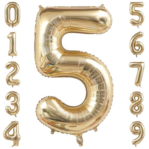 Image of Champagne Gold 5 Balloon Number,40 Inch Light Gold 5 Balloons Big Foil Mylar Helium Number 5 Balloon for Birthday Party Anniversary Decorations