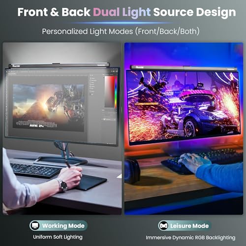 Quntis RGB Backlight Monitor Light Bar for Gaming and Office, Eye-Care Design, 15 Dimmable Modes, Adjustable Brightness and Color Temperature
