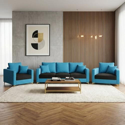 Image of Hayes Rich Velvet Suede 3+1+1 Seater Sofa Set | Golden Aesthetic Legs | Soft Touch Comfort | 5 Person Seating | Modern Living Room Set (Black-Aqua Blue)