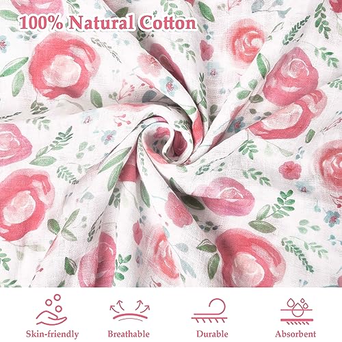 Image of david's kids 4 Pack Baby Muslin Swaddle Blankets, 100% Cotton and Ultra Soft Breathable Receiving Blanket Wrap for Girls, New Born Essentials, Large 47 x 47 inches, Floral Flowers /Pink