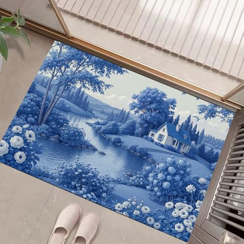 Paillasson Entree Antidérapant 80x120 cm Tapis Indigo Rétro