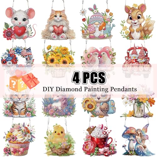 Image of 4 Pack DIY Diamond Painting Hanging Ornaments, Random Assorted Crystal Diamond Art Pendant Kit for Window and Home Decoration