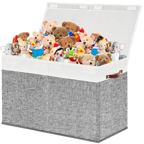 VERONLY Caja de almacenamiento de juguetes con tapas, organizador plegable para niños y niñas, contenedor de juguetes con asas de cuero para guardería, sala de juegos, dormitorio, 60 x 31 x 39 cm