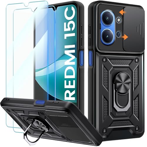 Yohii Funda para Xiaomi Redmi 15C 4G / 5G con 2 Piezas Cristal Templado, 360 Anillo Soporte, Cubierta De Cámara Deslizante, PC y Silicona TPU Bumper Antigolpes Case, Negro