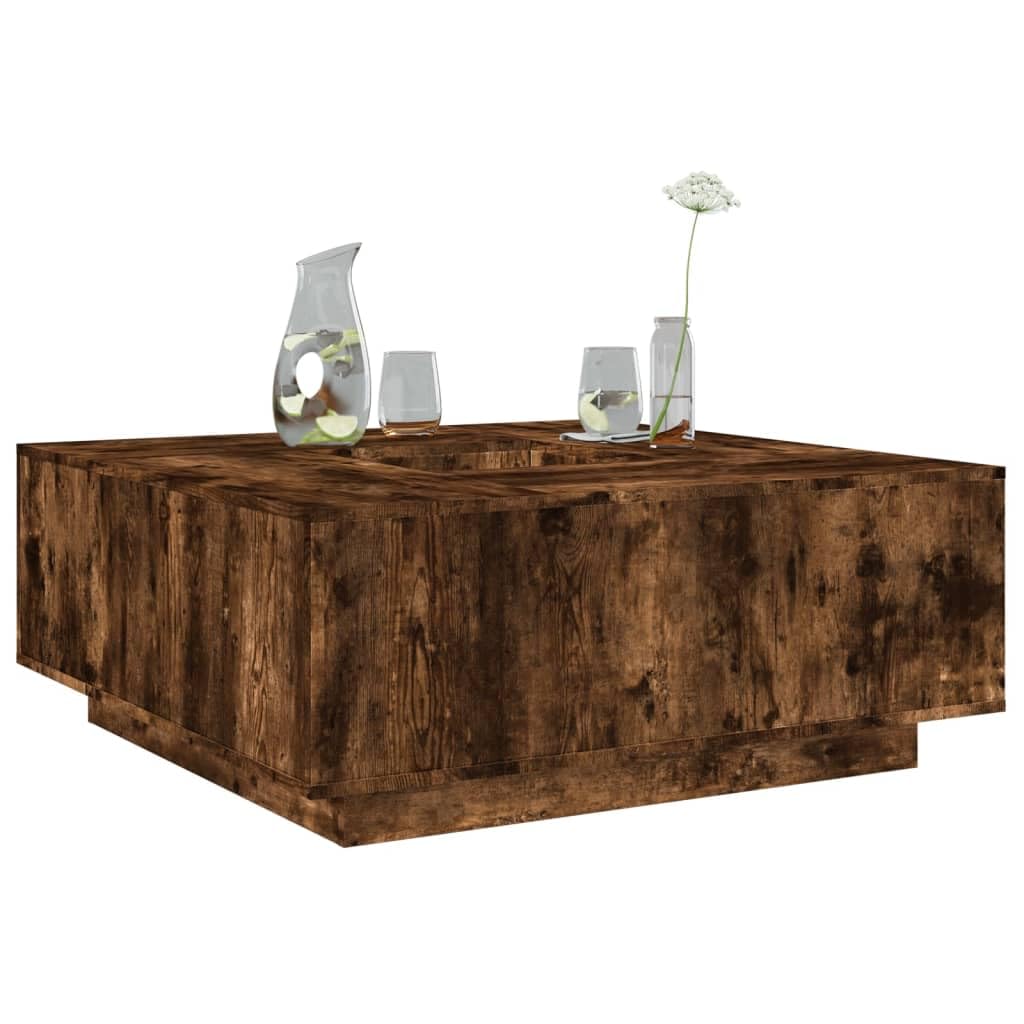 Table basse en bois de chêne fumé pour un salon chaleureux et convivial