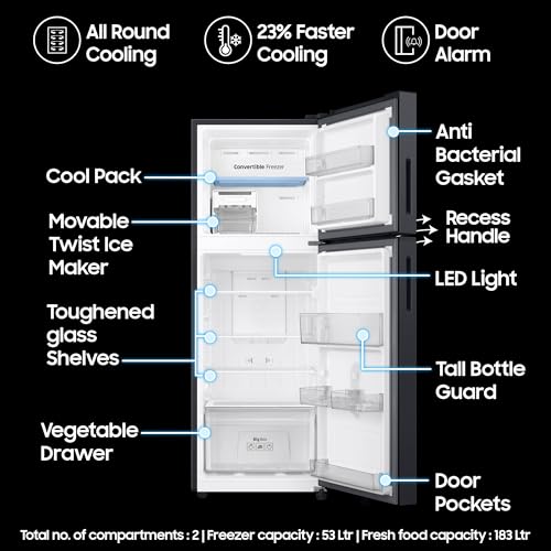 Image of Samsung 236 L, 3 Star, Convertible, Digital Inverter Frost Free Double Door Refrigerator (RT40H28U3FHL, Black DOI, 2026 Model)