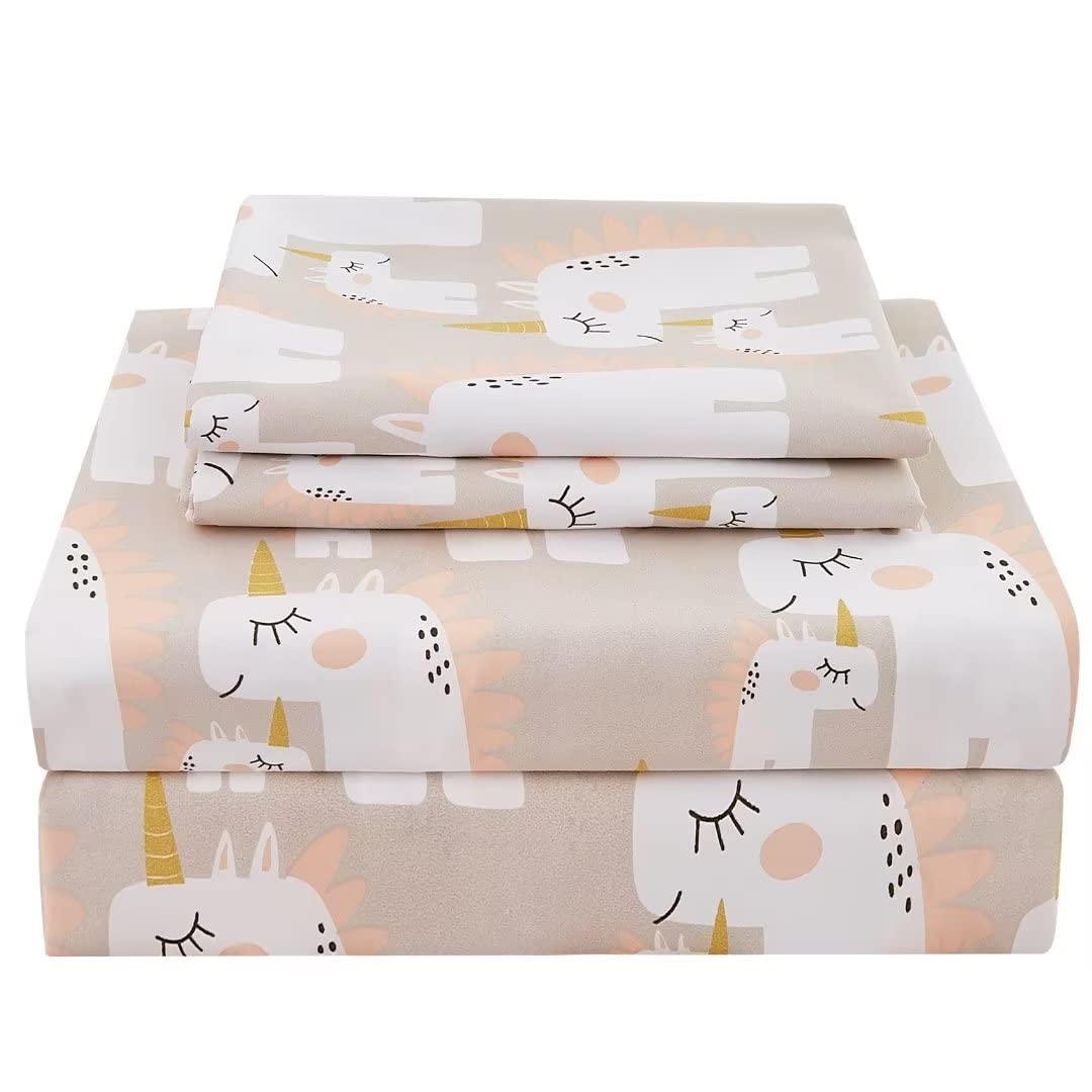 JSD Pink Unicorn Kids Sheet Set Twin Size, 3 Piece Girls Printed Microfiber Bed Sheets Deep Pocket