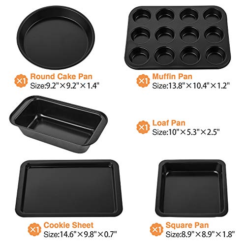5 Pcs Nonstick Bakeware Set,Carbon Steel Baking Set Include Loaf Pan,Cookie Sheet, Loaf Pan, Square Pan, Round Cake Pan, 12 Cups Muffin Pan,2 Mini Oven Mitts,1 Round Dish Sponge and 1 Basting Brush