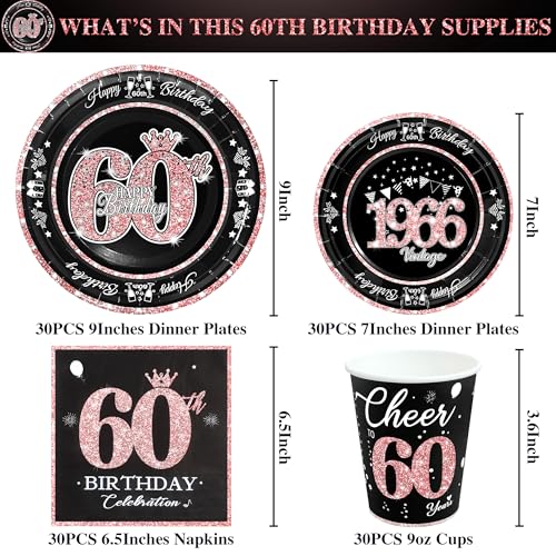 Image of 60th Birthday Decorations Rose Gold, Service for 30, Vintage Party Supplies Includes Rose Gold 1966 Plates, Napkins,Cups 60th Birthday Plates and Napkins for Women
