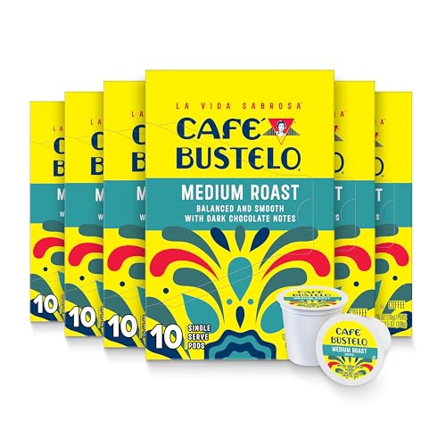 Image of Cafe Bustelo Medium Roast Coffee Pods, Bulk 60 Count | Dark chocolate & subtle blackberry notes, stands up to milk and sugar, single serve coffee pods, 6 boxes, 10 pods each