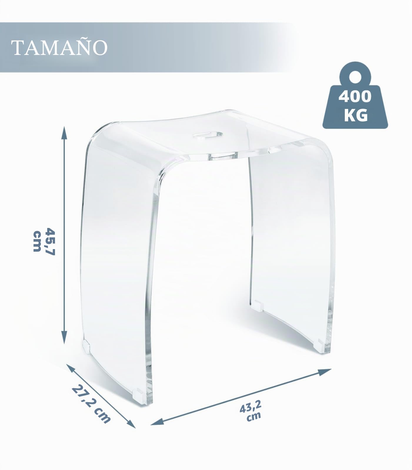 Taburete de Baño Meran – Taburete de Ducha de Acrílico Transparente con Asidero, Asiento Ergonómico, Patas Antideslizantes y Diseño Moderno (hasta 180 kg)