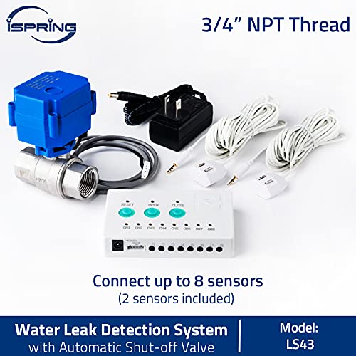 Ispring Ls43 Water Leak Detector Alarm System, Automatic Shut-Off Valve And 2 Detection Sensors, Connects Up To 8 Sensor To Prevent Flooding, 3/4" Npt #TOP2