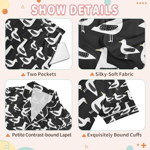 senya Black White Bird Satin Summer Pajama Sets Silk Short Sleeve Button Down Sleepwear3