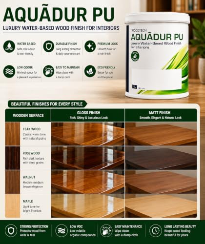 Image of AP Luxury Water-Based Polyurethane (PU) Wood Finish for Interiors, Low VOC, Scratch & Stain Resistant Clear Wood Coating, Best Water PU for Wood, with Premium PU Brush 2 inch | 1 lt (Matt)