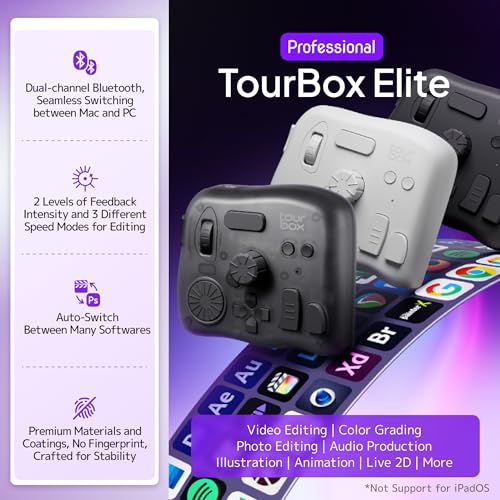 TourBox Elite - Bluetooth Video Editing Controller Color Grading Speed Editor, Intuitive Control, Professional Digital Creator Console for DaVinci, Premiere, Final Cut Pro and More, Mac/PC (Black Set)