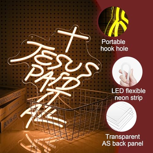 Image of Jesus Paid It All Neon Sign Warm White Cross Neon Light for Wall Decor Dimmable Jesus Cross LED Light Up Sign for Christian Church Christmas Home Wedding Decor Birthday Gifts(16.7*12.8 In)