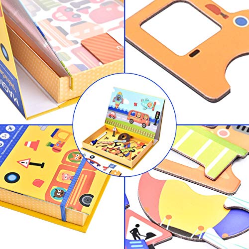YIHUNION STEM Educational Toys Magnetic Puzzles for Kids, 57 Pieces Dry Erase Board Vehicle Jigsaw Puzzles Cardboard Drawing Board Learning Toys for Preschool Toddlers