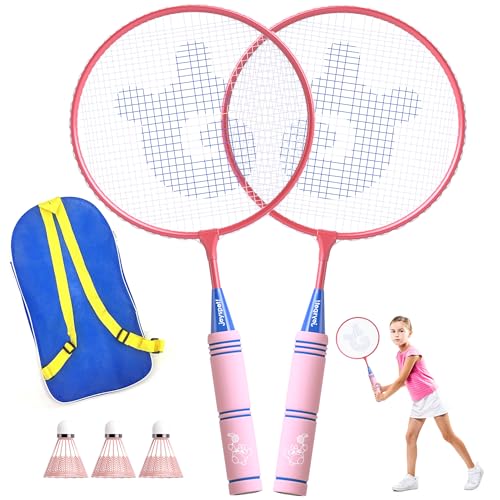 JOY SPOT! Federball Set für Kinder, Badminton Schläger Set mit Tasche für Mädchen, Sportspiel für 2 Spieler für Indoor Outdoor im Garten, Schule, Büro (Rosa)