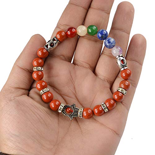 Image of Reiki Crystal Products Certified Natural Crystal Stone 7 Chakra with Hamsa 8 mm Round Beads Bracelet for Men & Women | Reiki Charged Gemstone Bracelet | Multiple Stone Variants Available