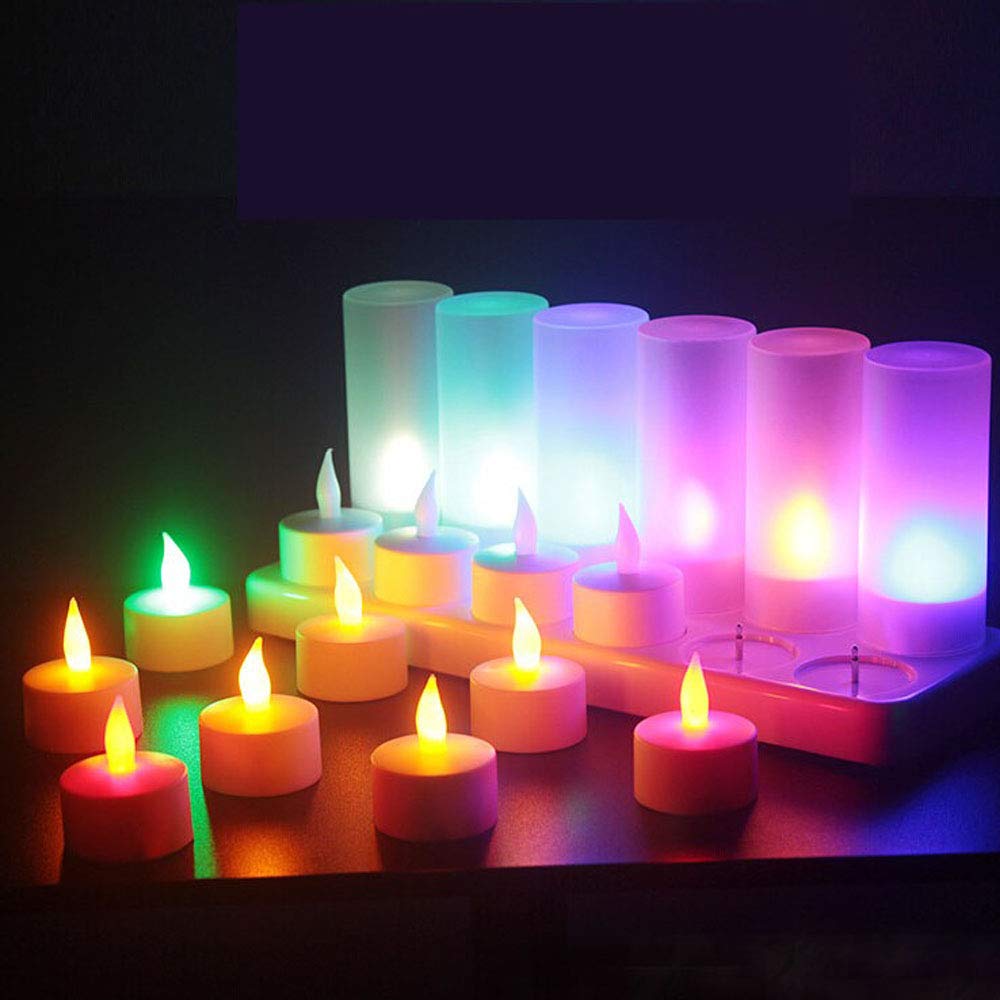 QSPORTPEAK Candele LED con telecomando, tealight senza fiamma, tremolante come le candele reali, candele ricaricabili con stazione di ricarica, per Natale, Halloween, matrimonio, multicolore, 12 pz