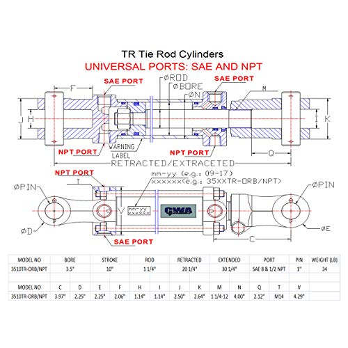 Image of TR Tie Rod Cylinder 3 1 /2 inch Bore x 10 inch Stroke x 1 1 /4 inch Rod x 2500 PSI - Port: SAE 8 and 1 /2 NPT