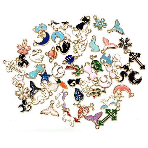 JIALEEY 50PCS Assorted Gold Plated Enamel Animal Moon Star Fruit Unicorn Charm Pendant DIY for Necklace Bracelet Earring Jewelry Making and Crafting