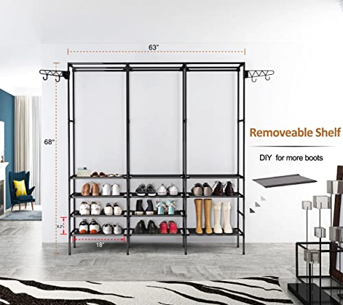 Kertnic 4-Tier Shoe Rack Storage Organizer For Entryway, Free Standing Black Shoes Rack And Boots Racks, Versatile Shoe Shelf Stand With Coat Hanging Garment Rack For Bedroom #TOP6