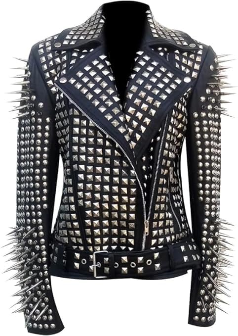 Women's Brando Spiked Studded Leather Biker Jacket – Gothic Punk Rock Fully Heavy Metal Long Spiked Studded Leather Jacket