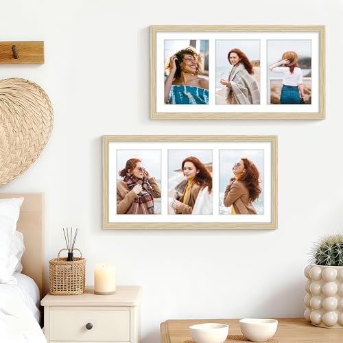 Image of DUENPY 8x16 Collage Picture Frame 5x7 Collage Picture Frame Displays Three 5x7 inch Photos or 8x16 (Without Mat) for Available Horizontal Wall Mounting Display and Vertical Wood Color