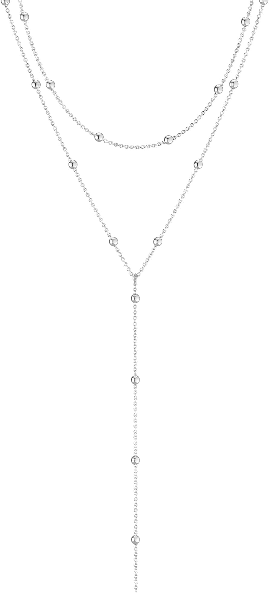 Foxgirl Lariat Gold Necklace for Women, Dainty Long Necklace 14k Gold Plated/Silver Y-Shaped Pendant Necklace Trendy Layered Cz Beaded Chain Drop Necklaces Simple Gold Jewelry For Women Gift