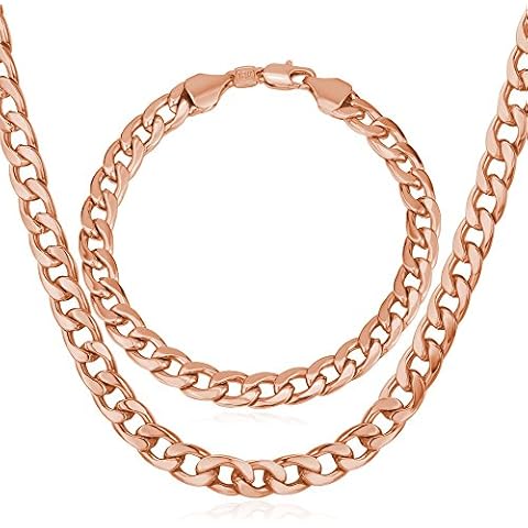 U7 Unisex 7MM Wide Calssic Cuban Chain Rose Gold Plated Curb Chain Necklace & Link Bracelet Set,22"/8.3" Cover