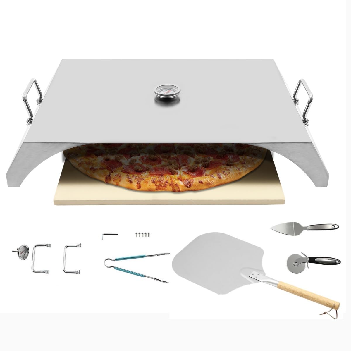 JAYGOVAN Universal Stainless Steel Grill Top Pizza Oven Kit with Pizza Stone Pizza Peel Pizza Shovel for Most Gas Grills Flat Top Grills Griddles Firepit-Set of 6 Pizza Baking Accessories,21×15 Inches