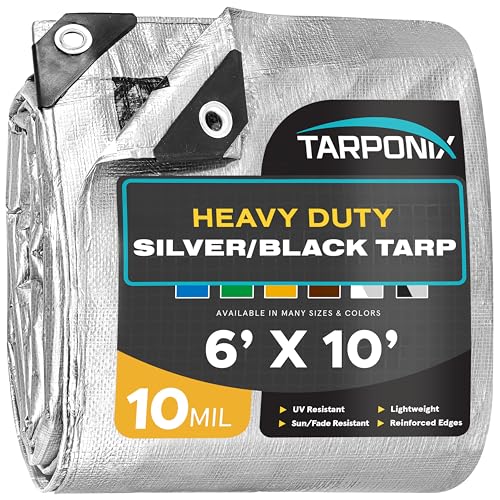 Tarponix 6 x 10 Dual-Sided Heavy-Duty Tarp 10 Mil Tear-Resistant Silver & Black Cover with Reinforced Edges and Anti-Rust Grommets