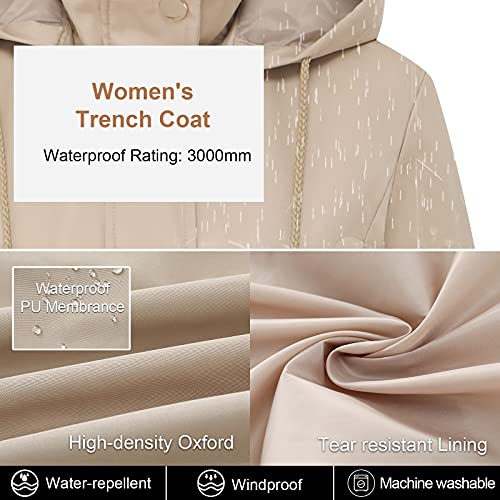 Creatmo Us Women's Soft Shell Trench Coat Water Resistant With Detachable Hood Lightweight Long Raincoat Khaki M #TOP3