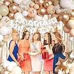 Beige Cream and Neutral Boho Birthday Party Decorations with Happy Birthday Banner, Beige Apricot Champagne Gold Balloons, Sash, Fringe Curtain, Cake Topper, Butterfly for Women Girls Party Supplies - Image 4
