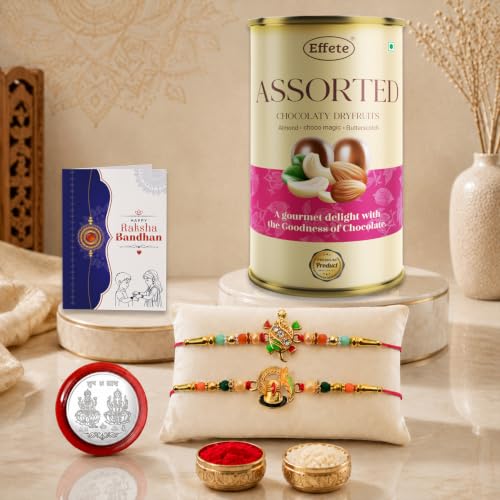 Image of Garth Multicolor Rakhi for Brother & Bhaiya with Chocolate Emperor (CRM) - Raksha Bandhan Gift Set with Roli Tikka, Pooja Coin & Greeting Card | Rakhi Combo for Brother, Pack of 6 (145+146)