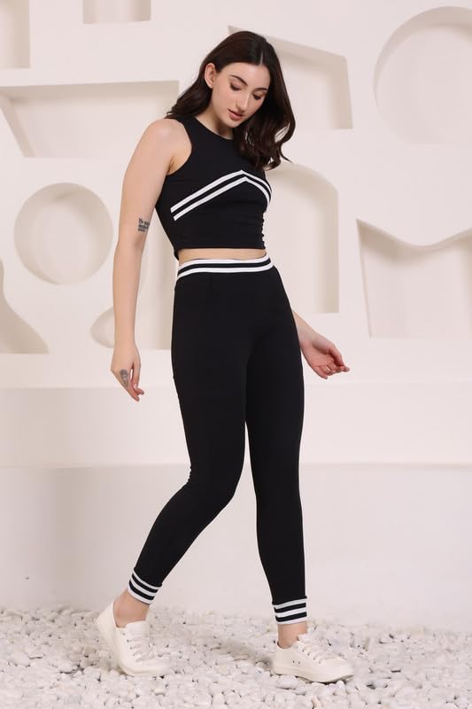 Image of Solid Striped Top & Bottom Set Wear | Yoga Jogging Wear | Gymwear Tracksuits For Women's and Girls