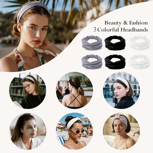 Image of HSEM Headbands for Women, Wide Elastic Head Bands, Non-Slip Thick Hair Bands, Sports Stretchy Sweat Bands, Large Knotted Soft Headband for Washing Face, Makeup, Workout, Spa, Two Black /White /Gray