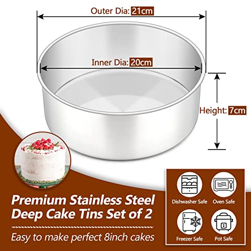 Onader 8 Inch Cake Tin, Stainless Steel Deep Round Cake Pans, Set of 2 Layer Cake Mould for Baking Wedding Birthday Christmas Tall Cakes, Heavy Duty & No Leakage, Mirror Finished & Dishwasher Safe - Image 3