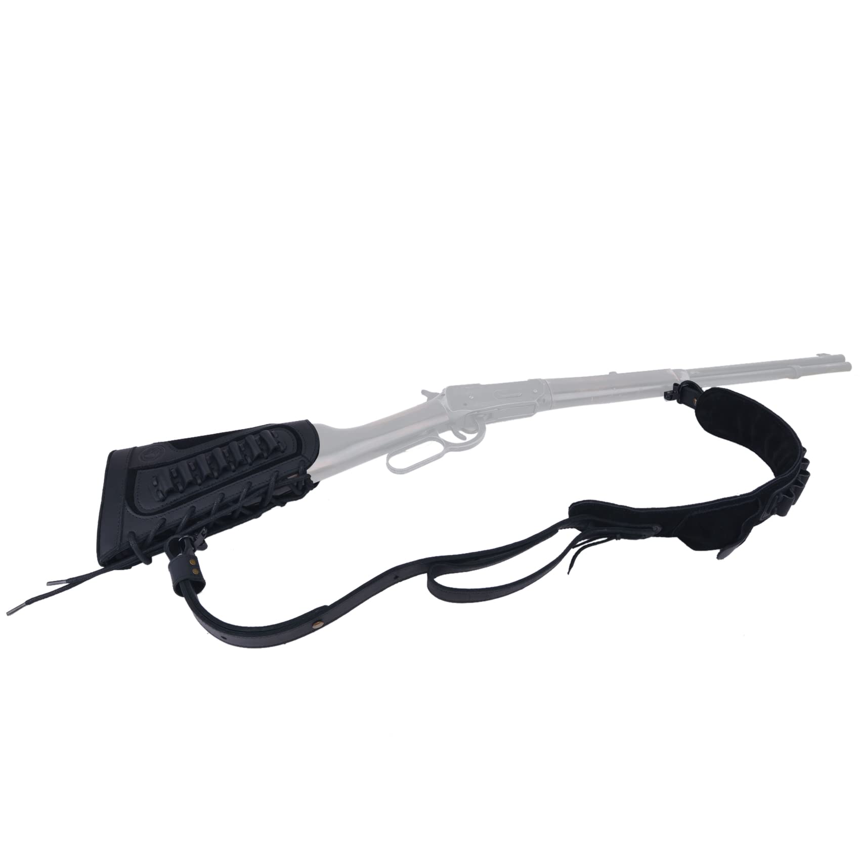 Leather Gun Shell Holder Buttstock with Matched Rifle Sling for .357.30-06 .30-30.45-70 .308 .22LR 12GA (Righty Hand, Black(.357 .30-30 .35 .38))