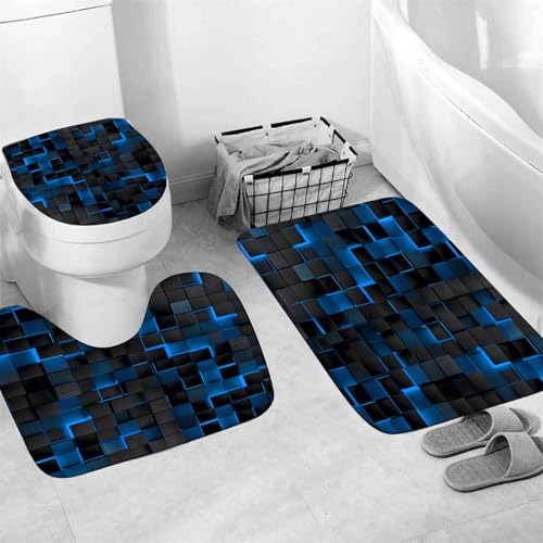 LQCOOL 4Pcs Blue Shower Curtain Set 3D Cubes Bathroom Sets Modern Shower Curtain Set for Bathroom Sets with Rugs Black and Blue Shower Curtain with 12 Hooks