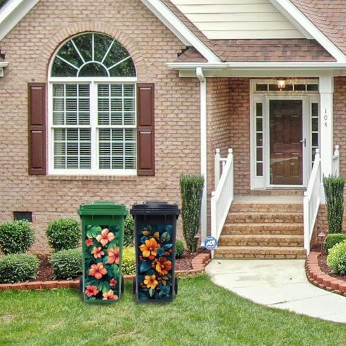 Image of Peacoblue Wheelie Bin Stickers 2 Sheets Flowers and Leaves Sticky Dustbin Stickers Decals, 15 inch x 32 inch Waterproof Large Wraps for Trash Cans Bins Fridges Door Wall Garden Outdoor Indoor Patio Decor