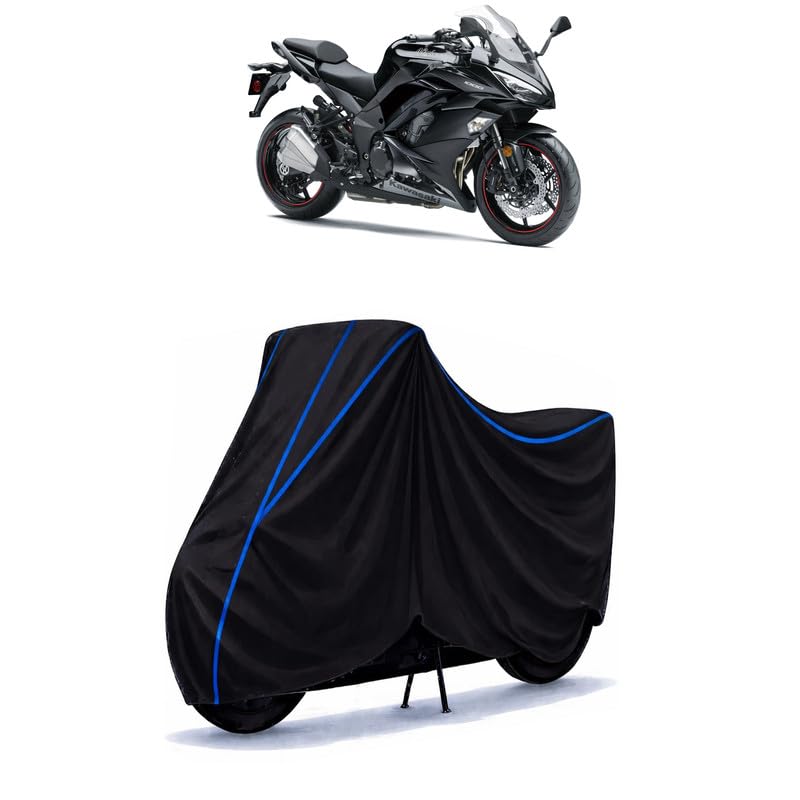 Image of Ninja 1000 Bike Cover Water Resistant Universal Motorcycle Rain | Heavy Duty UV Protection, Dust, Scratch Indoor Outdoor All Weather with Black Blue Piping Elastic