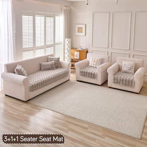 Image of HOKIPO 'FurHug' Luxury Faux Rabbit Fur Sofa Mat 5 Seater in 3+1+1 Configuration, Latte Brown (NEW-AR-5010-5)