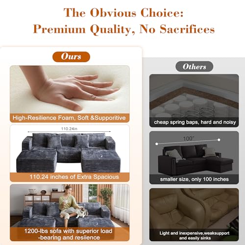 Image of 110 Corduroy Modular Sectional Boneless Sofa with 2 Ottomans, Convertible Cloud Couch with Deep Seats, Fluffy Memory Foam U Shaped Couch for Living Room, No Assembly Required (Gray)