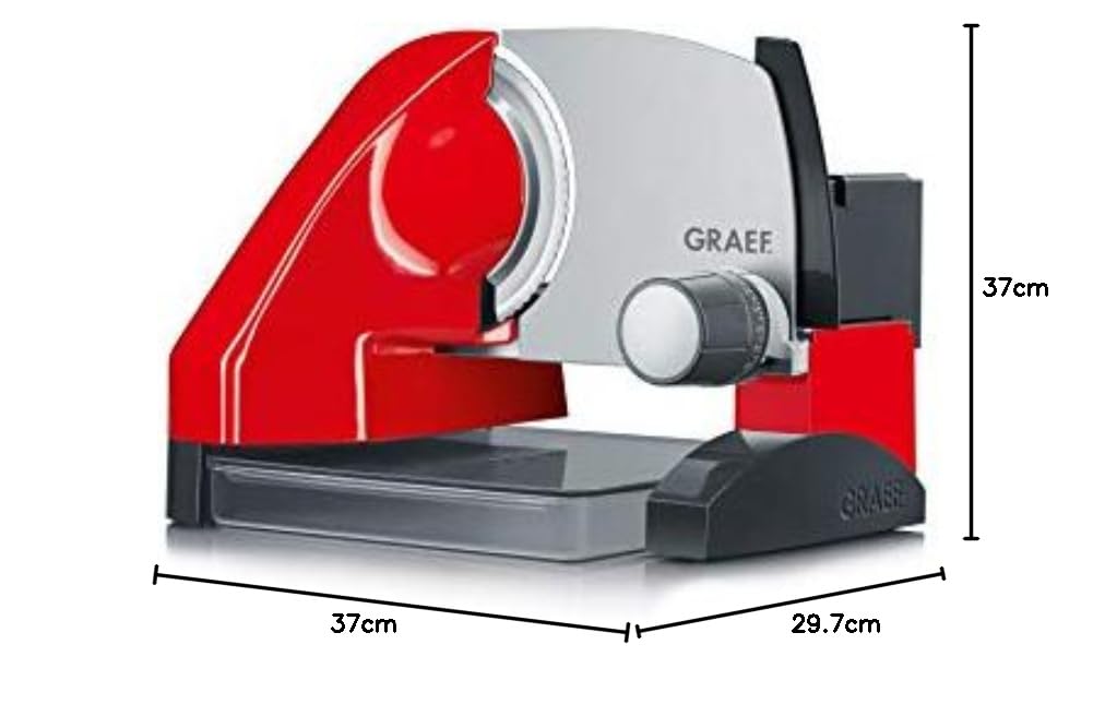 GRAEF Affettatrice SKS500 rossa, compatta in metallo, design rialzato per panini, contenitore incluso, lama inox Ø170 mm, spessore regolabile, perfetta per uso quotidiano