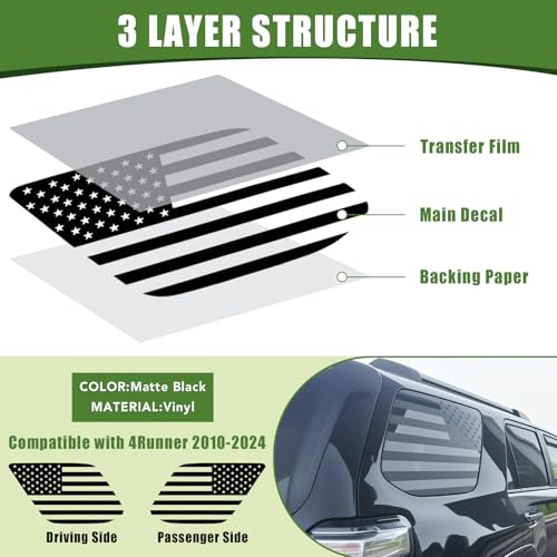 Image of 2PCS Rear Window Decals for 2010-2024 Toyota 4Runner 5th Gen Back Window Glass Side US Flag Sticker for 4 Runner SUV Exterior Accessories Matte Black (American Flag)