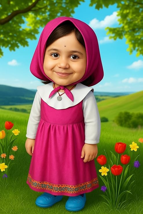 Image of Collection Girls' Costume Dress with Hood, Pink and White, Gold Trim Detail, Cartoon Character-Inspired